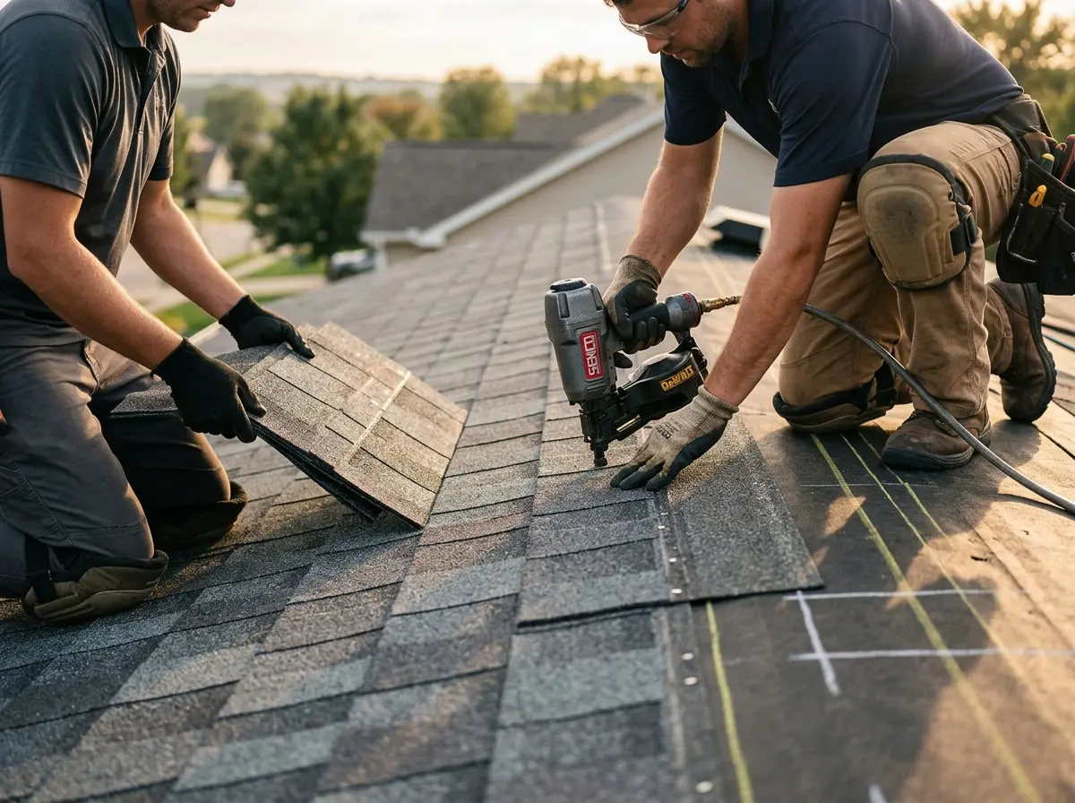 Professional roofer working on a residential roof in Bakersfield